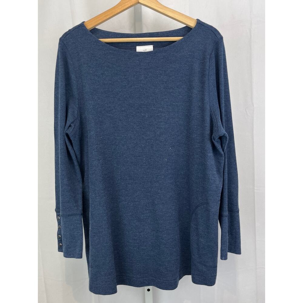 J. JILL  Petite XL PXL Thermal Knit Top Button Cuff Cotton Blend Knit Blue